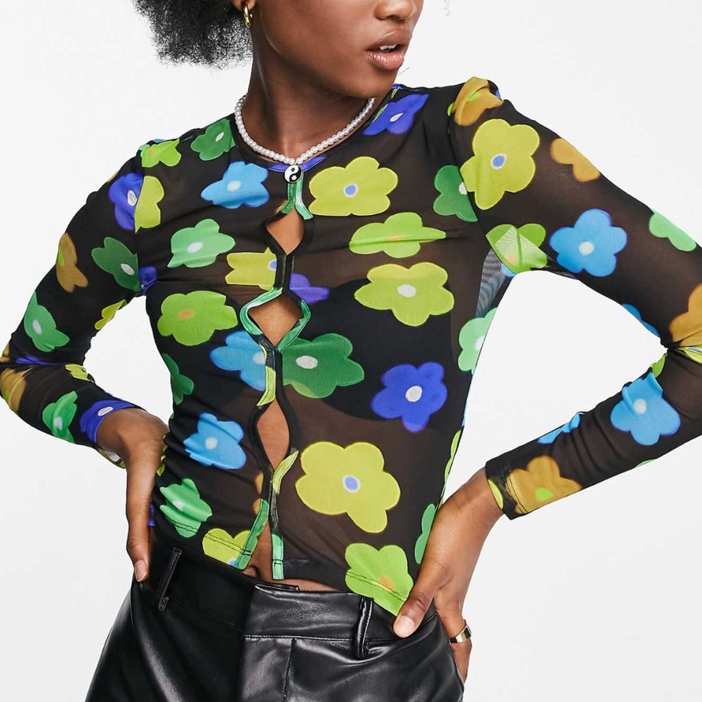Floral mesh cutout crop top